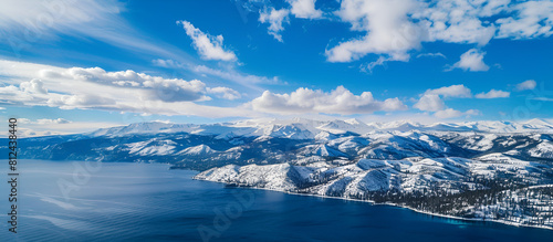 "Aerial Splendor: Winter Beauty Over Lake Tahoe"Aerial view of Lake Tahoe on a sunny winter day Sierra