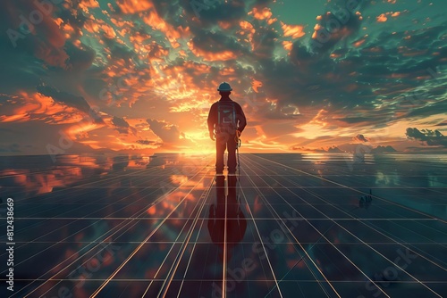A silhouette of an engineer holding a helmet, overlooking a large grid of photovoltaic solar panels