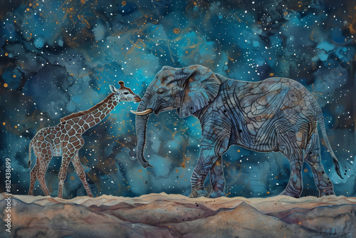 Tender Moment Under Starry Sky  Baby Elephant and Giraffe Calf Nuzzling