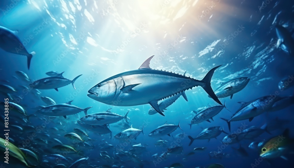 Fototapeta premium Groups of giant Tuna fish in the underwater, coral reef, amazing underwater life, various fish and exotic coral reefs, ocean wild creatures background