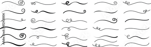 Hand drawn curly swishes icons Set, swashes, swoops. Brush drawn thick curved smears. Highlight text elements isolated on transparent background. Calligraphy swirl. Underline typography tail shapes.