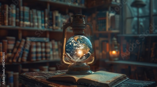 A small Earth positioned inside an old lantern  lighting up a dark  forgotten library