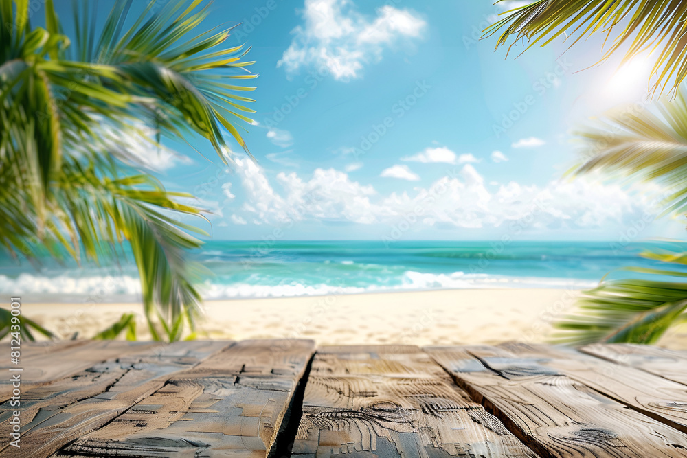 Desk of free space and summer beach landscape