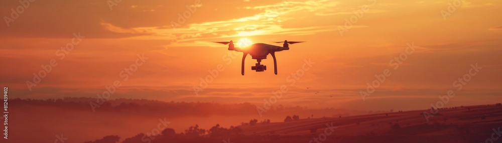 Drone flying during sunset