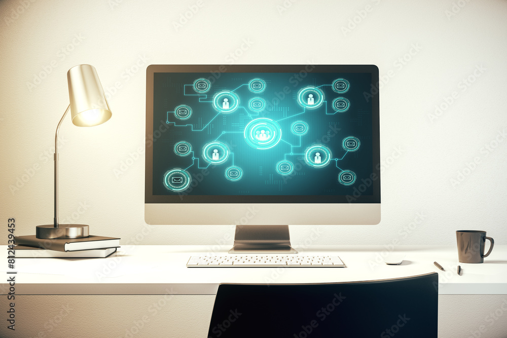 Modern computer display with social network icons concept. Networking concept. 3D Rendering Modern computer display with social network icons concept. Networking concept. 3D Rendering