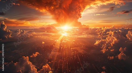 A stark depiction of Earth with nuclear explosion clouds mushrooming over major cities photo