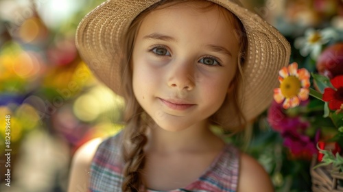 The little girl in a straw hat is smiling at the camera, showcasing her happy facial expression and long eyelashes. Her hairstyle peeks out from under the sun hat AIG50