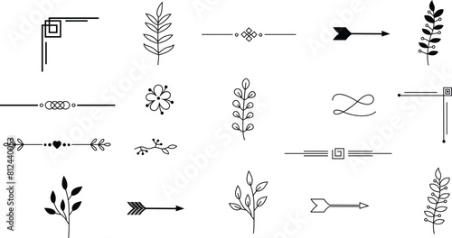 Dividers ornament, corner borders icons Set. Outline signs elements kit. Decoration icons. Decoration linear icons paper break, book decorations. Hand drawn vectors isolated on transparent background.