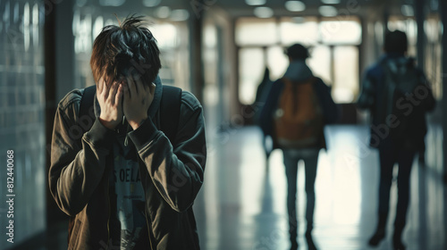 Depressed Teenage Boy Suffering from Bullying in School Hallway. Emotional Impact of School Bullying on Mental Health and Well-being. photo