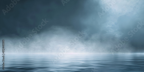 Smoke with reflection in water mystery blue fog texture overlays background Dark dramatic abstract scene background Wet asphalt smoke and fog Neon light spotlight