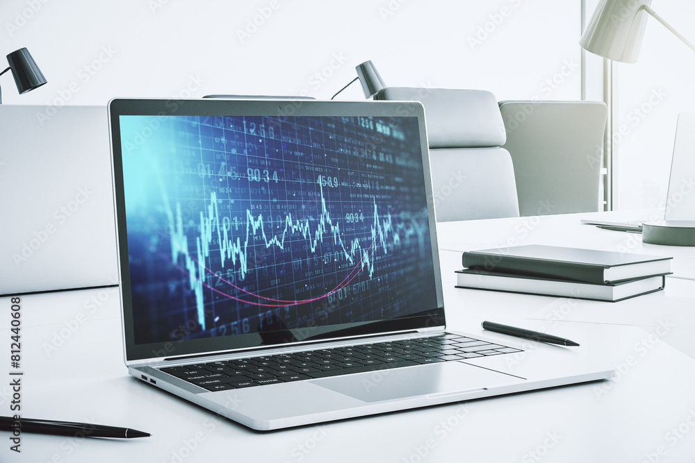 Fototapeta premium Abstract creative financial graph on modern laptop screen, forex and investment concept. 3D Rendering