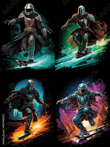 Futuristic knights skateboarding with dramatic energy trails, wearing armor and capes in dynamic action scenes. Sci-fi concept art with vivid colors and intense movement.

