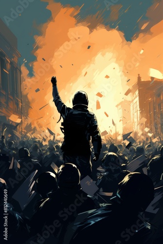 Digital illustration of riot police controlling demonstrators in a protest 