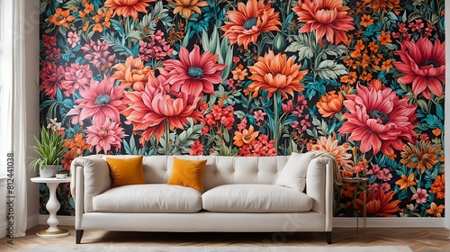 Colorful room wall with a bright color, wallpaper, or mural and sofa. Side view