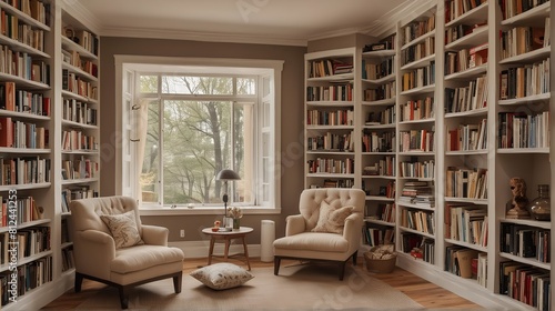 Modern minimalist cozy corner with bookshelves and comfortable seating for reading and relaxing. Selective focus