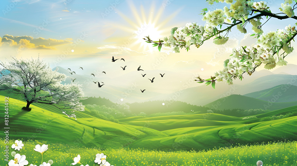 Fototapeta premium Serene landscape, green hills, sunny sky, blooming tree, nature scenery