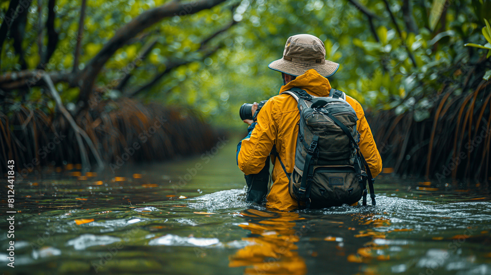 A visually rich composition featuring a photographer wading through knee-deep water in a remote mangrove swamp, capturing the intricate beauty of exotic wildlife with each click of A visually rich composition featuring a photographer wading through knee-deep water in a remote mangrove swamp, capturing the intricate beauty of exotic wildlife with each click of
