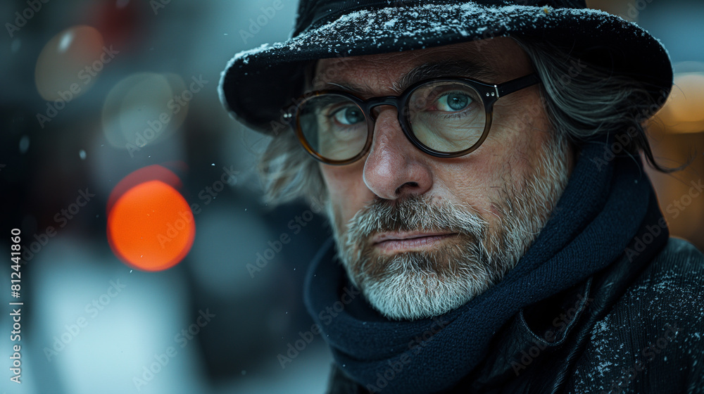 A close-up shot capturing the intensity and focus on the face of a street photographer, navigating bustling city streets and capturing candid moments of urban life with precision a