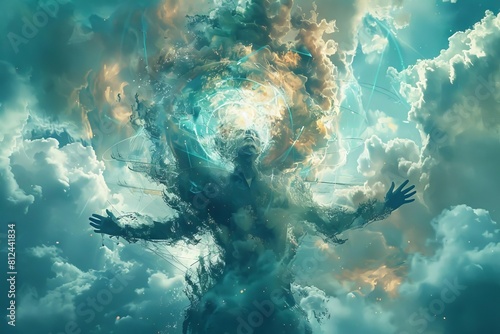 A surreal illustration of a clock face transforming into a swirling cloud, with hands reaching out to connect network nodes