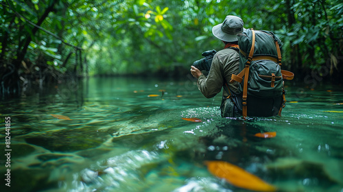 A visually rich composition featuring a photographer wading through knee-deep water in a remote mangrove swamp, capturing the intricate beauty of exotic wildlife with each click of