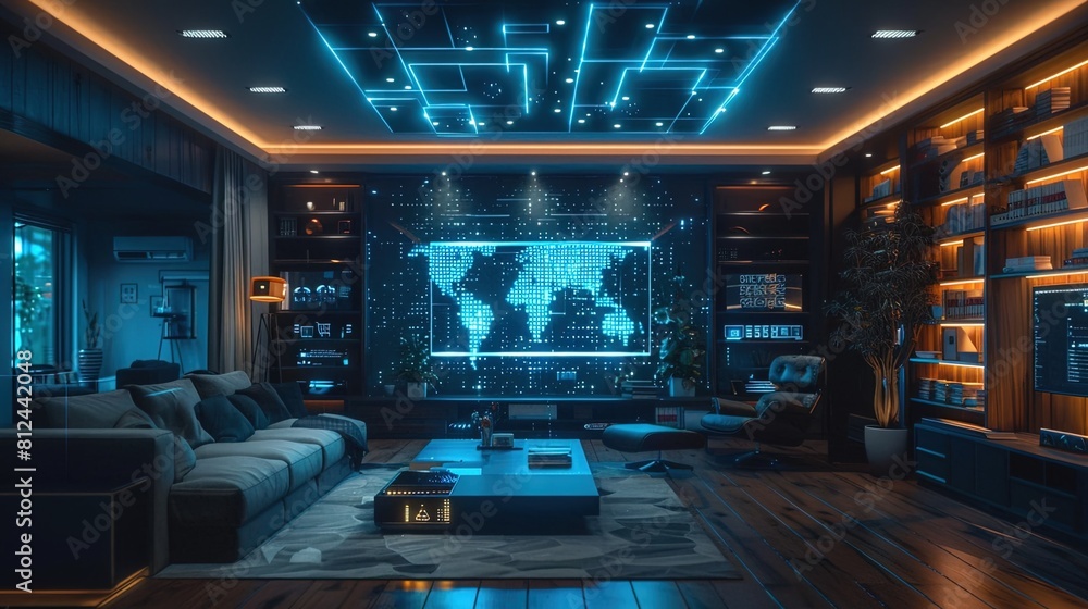 Connected Devices and Appliances Captured from a Low Angle, Immersive Wide-Angle View of the Entire Room Connected Devices and Appliances Captured from a Low Angle, Immersive Wide-Angle View of the Entire Room