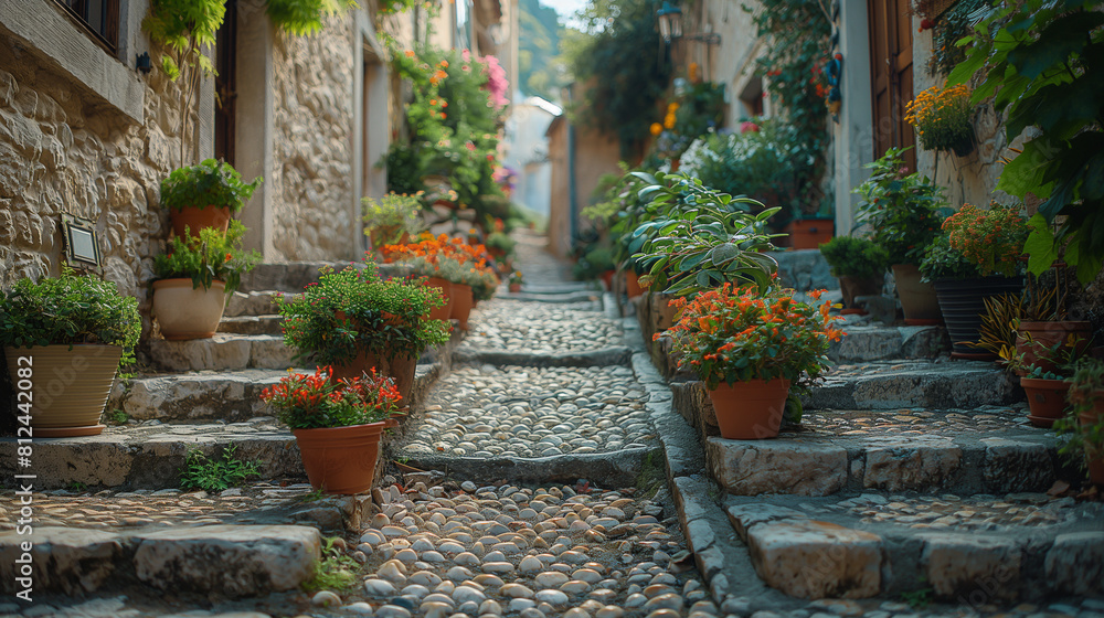 Fototapeta premium An immersive photograph capturing a photographer navigating a labyrinth of narrow alleyways in an ancient city, capturing the timeless beauty of weathered facades and hidden courty