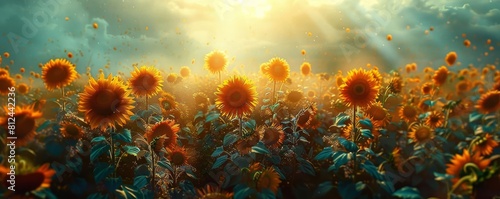 A surreal image of a sunflower field with each flowers center replaced by a mini solar panel  absorbing sunlight