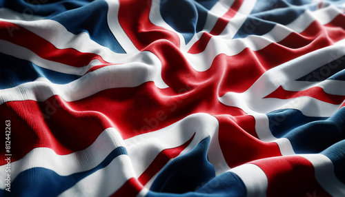 Close-Up of United Kingdom Flag Fabric Texture on White Background 