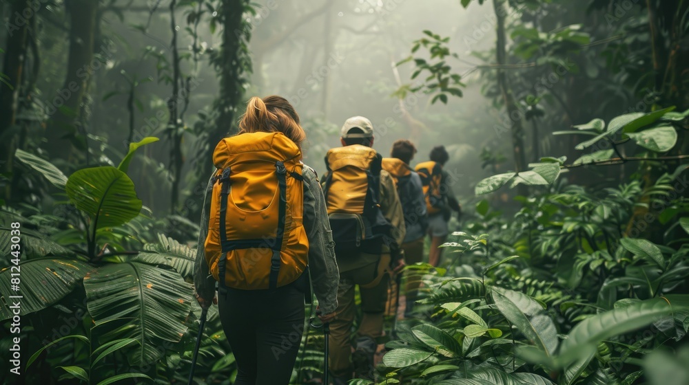 Adventure Hiking Group Trekking Through a Misty Tropical Rainforest