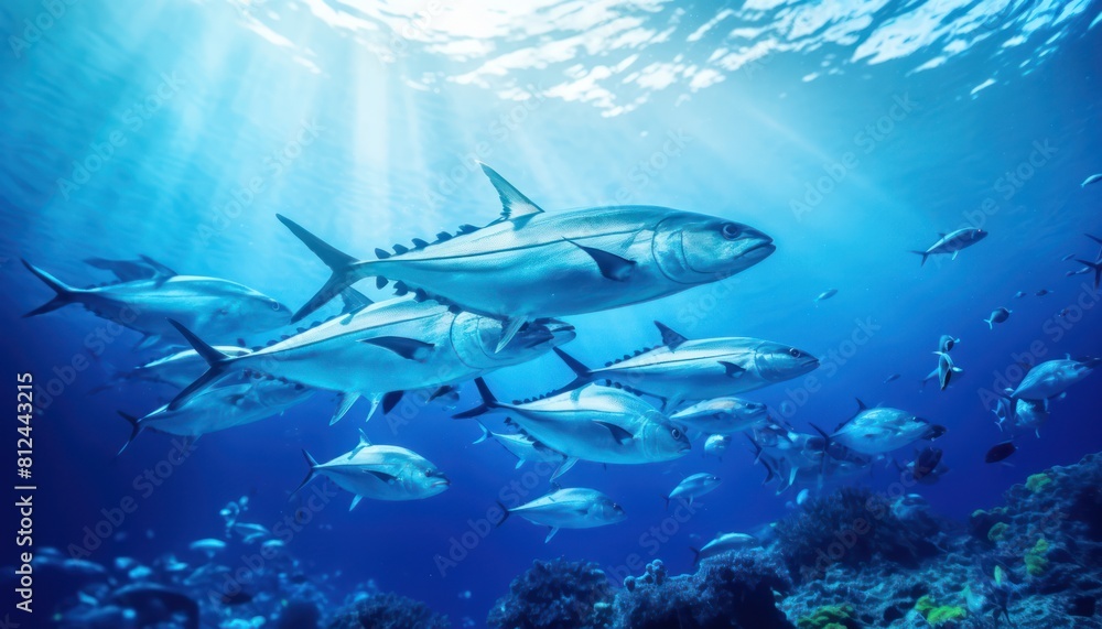 Fototapeta premium Groups of giant Tuna fish in the underwater, coral reef, amazing underwater life, various fish and exotic coral reefs, ocean wild creatures background
