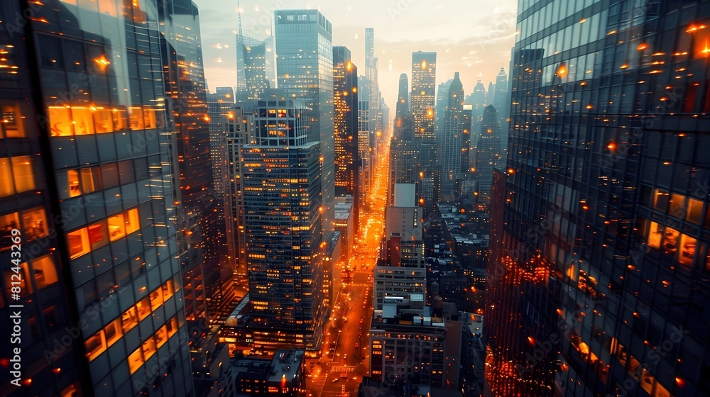Bustling urban cityscape with glowing skyscrapers at dusk in a vibrant metropolis Bustling urban cityscape with glowing skyscrapers at dusk in a vibrant metropolis
