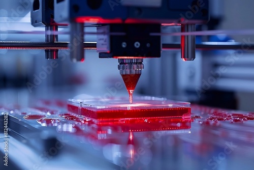 3D bioprinter in action, depositing layers of bioink to create a vascularized tissue construct, showcasing the process of bioprinting.  photo