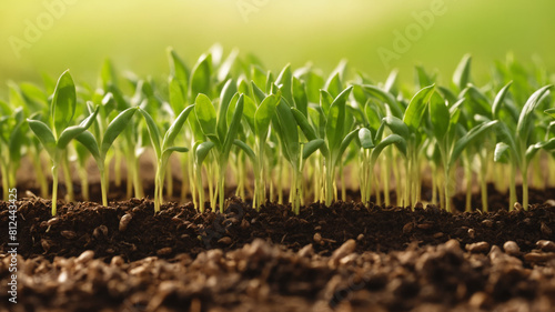 Close-up, sprouts of young green wheat seedlings growing in soil. Agricultural science with cultivation of grain. Agriculture, business or organic farming concept for banner with empty space.