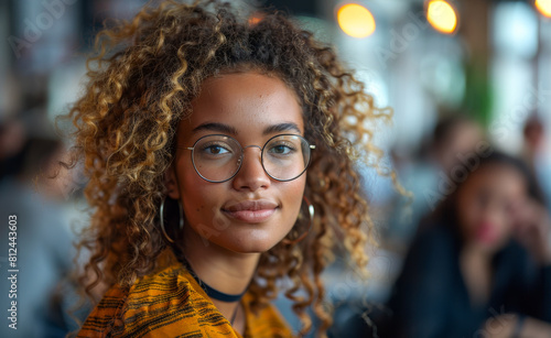 Portrait of beautiful young woman with curly hair and glasses