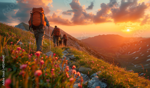 A group of hikers with backpacks and walking sticks hiking on the mountain at sunset, summer landscape.