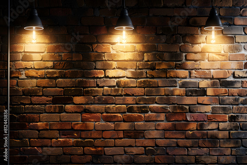 Hanging spotlight illuminate at brick wall background with copy space photo