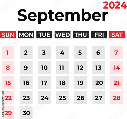 September 2024 monthly calendar design in clean look