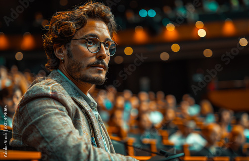 Man sits in auditorium with crowd watching him.