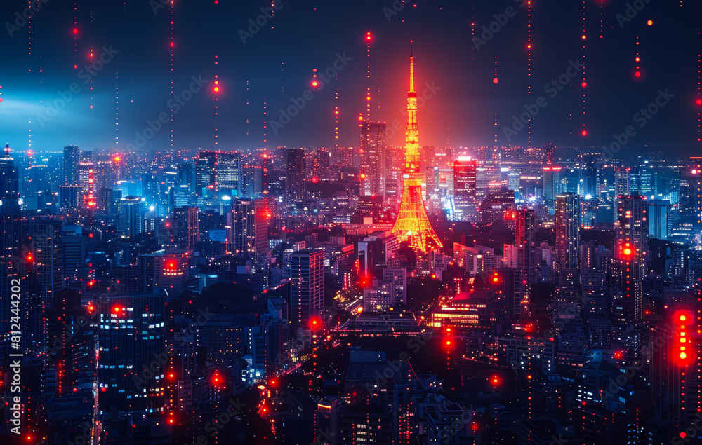 Fototapeta premium Night cityscape with red light trails over Tokyo Japan. Tokyo is the capital city of Japan and one of the most populous metropolitan areas in the world.