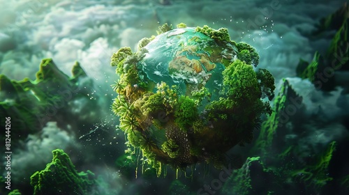 A symbolic image of a globe where the continents are made up of densely forested  green technology elements