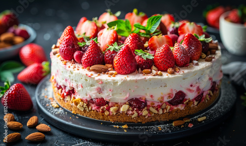 Wallpaper Mural Strawberry cheesecake with fresh strawberries almond flakes and mint on dark concrete background Torontodigital.ca