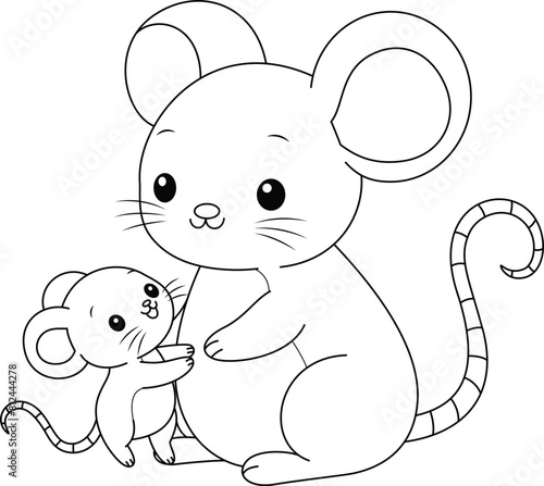 Cute kawaii mouse and baby cartoon character coloring page vector illustration. Wild animal, mothers day colouring page for kids