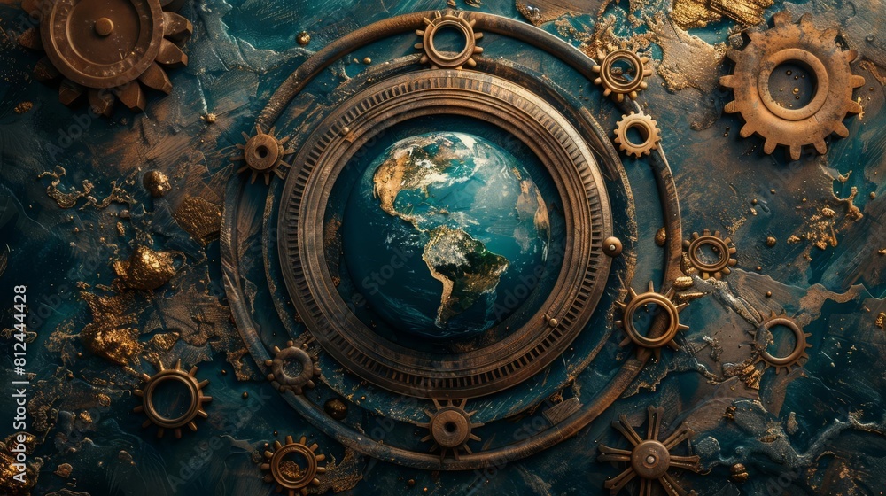 A symbolic image of Earth surrounded by a halo of gears, suggesting the idea of technological sanctity or control