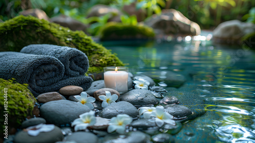 View of a clear blue pond with spa supplies  with candles and spa stones and folded towels. Relaxing atmosphere in the spa. Relax concept.