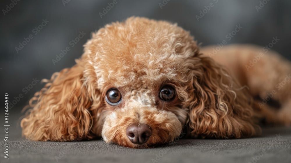Beautiful apricot toy poodle resting on a gray surface Beautiful apricot toy poodle resting on a gray surface