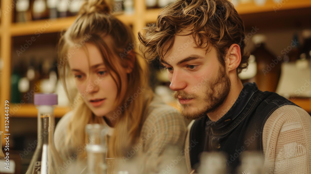Two students in a science laboratory doing research. Young man and woman engineers working together on research. Concept of science, experiments. Two students in a science laboratory doing research. Young man and woman engineers working together on research. Concept of science, experiments.