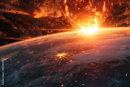 A fiery explosion in the sky with a planet in the background