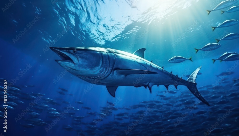 Fototapeta premium Groups of giant Tuna fish in the underwater, coral reef, amazing underwater life, various fish and exotic coral reefs, ocean wild creatures background