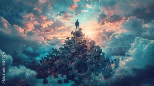 A symbolic scene of a businessman climbing a mountain of gears, striving to reach a jigsaw puzzle piece at the summit photo