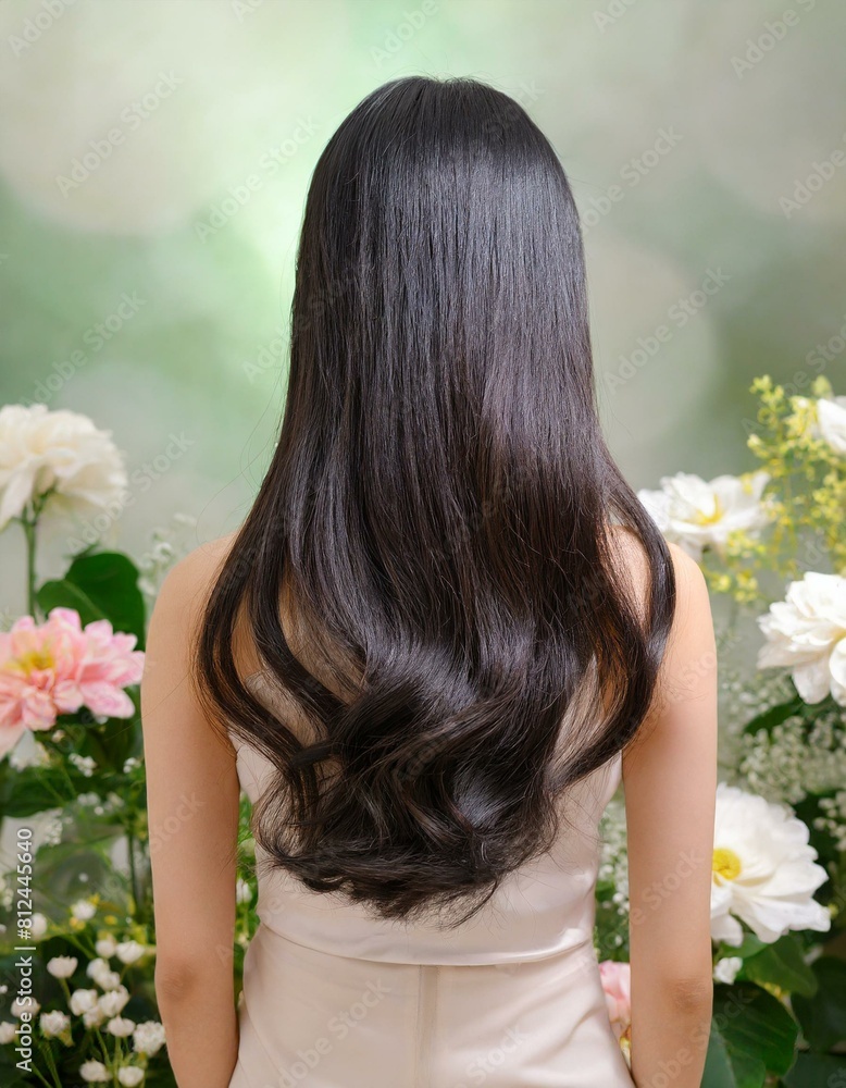 Naklejka premium 黒髪女性の後ろ姿 たくさんの花や緑がある